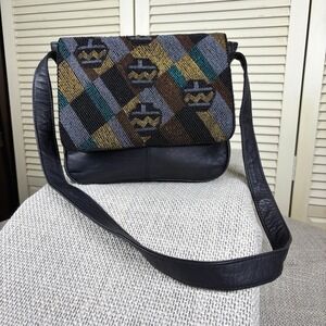 Retro Beadz Black Leather Beaded Crossbody Bag 1980s Vintage Geometric Modernist